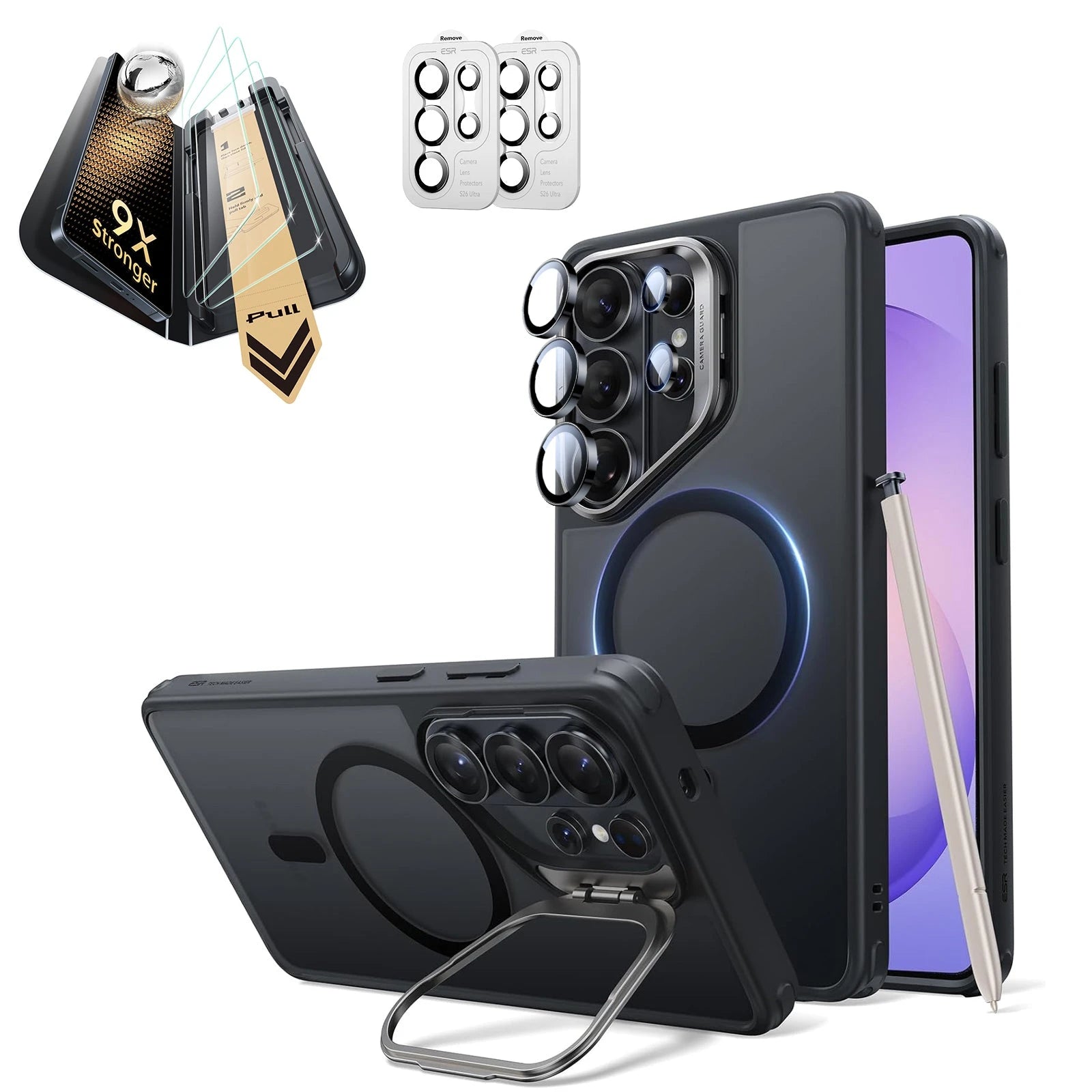 Galaxy S26 Ultra 256GBブラックフィルム＆ケースセット Frosted Black S26 Ultra Hybrid Stand Case & 9X Corning Protectors