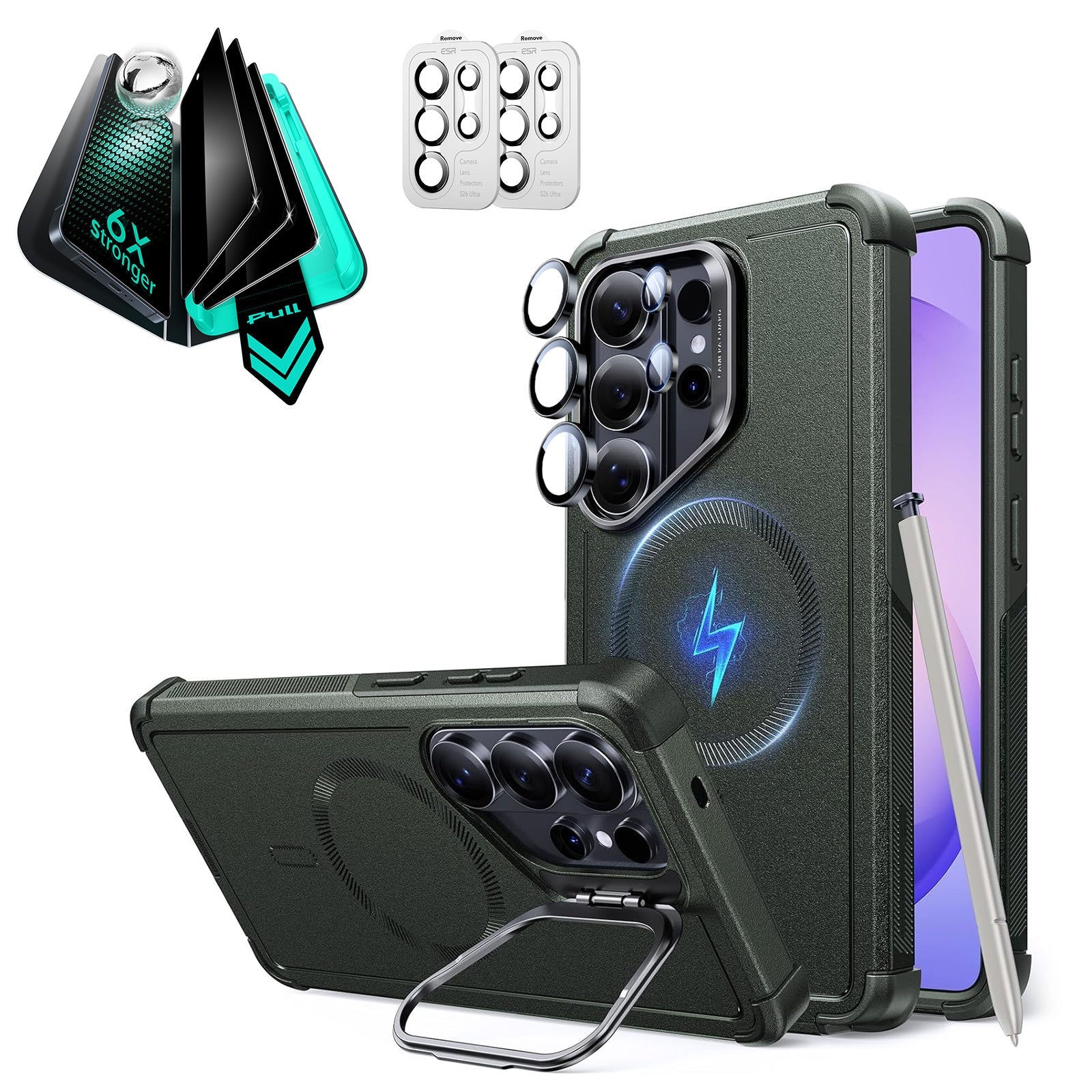 Galaxy S26 Ultra Cyber Tough Magsafe Case with Stand and Armorite Privacy Screen Protector Set Green