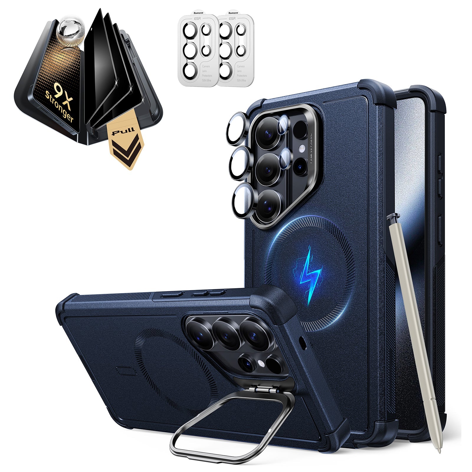 Galaxy S26 Ultra Cyber Tough Magsafe Case with Stand and Corning Glass Privacy Screen Protector Set Blue