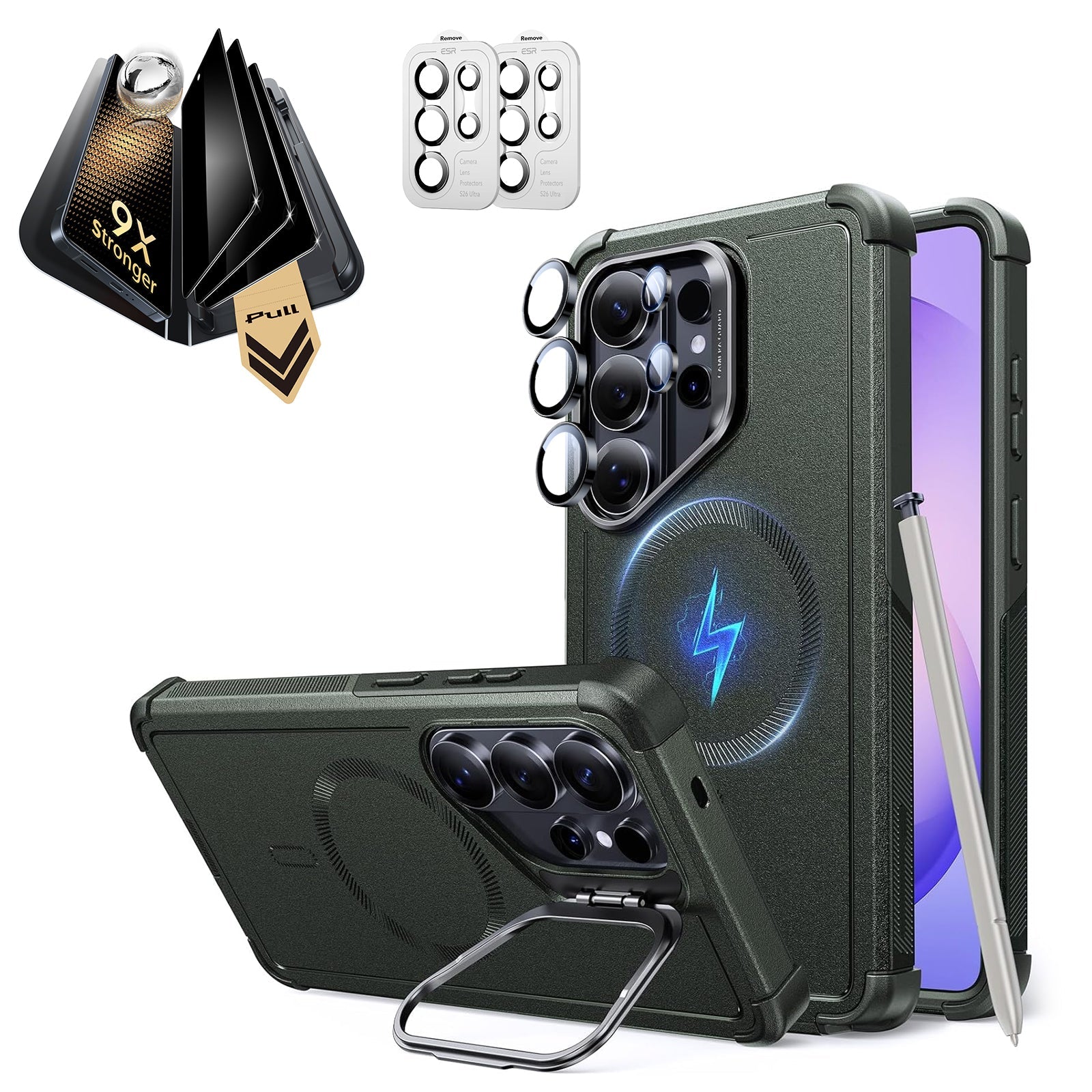 Galaxy S26 Ultra Cyber Tough Magsafe Case with Stand and Corning Glass Privacy Screen Protector Set OliVE Green