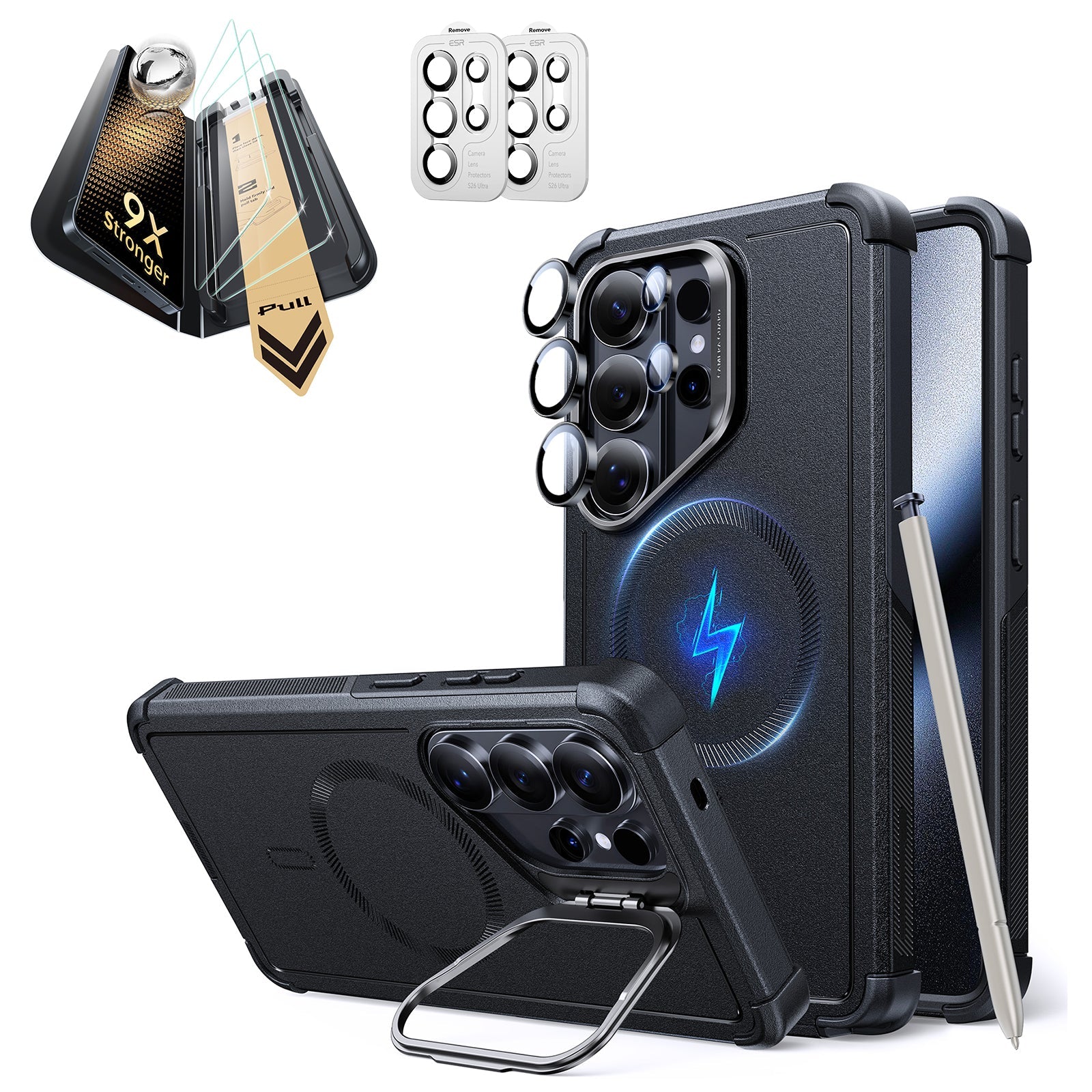 Galaxy S26 Ultra Cyber Tough Magsafe Case with Stand and Corning Glass Screen Protector Bundle Black