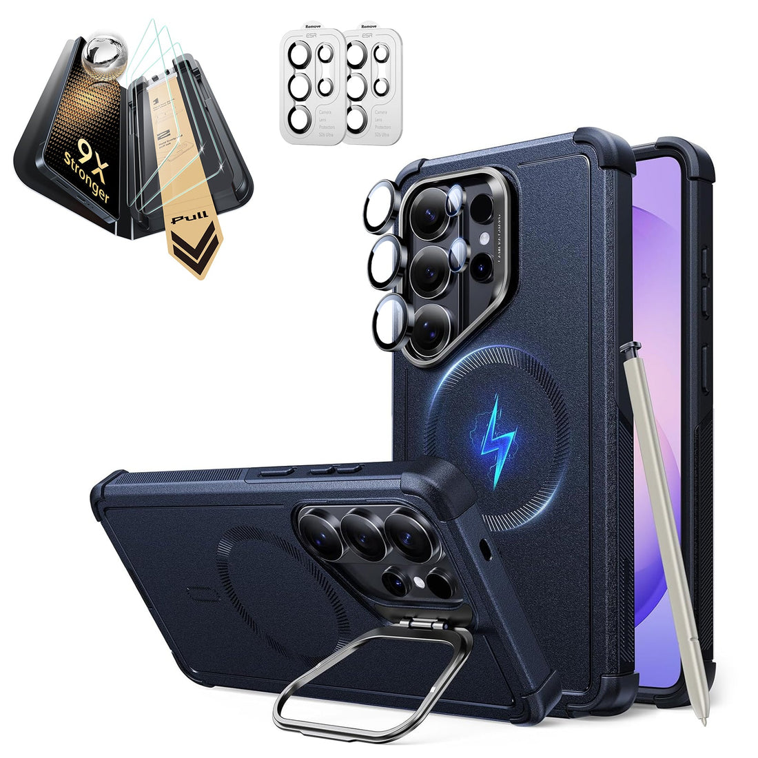 Galaxy S26 Ultra Cyber Tough Magsafe Case with Stand and Corning Glass Screen Protector Set Blue