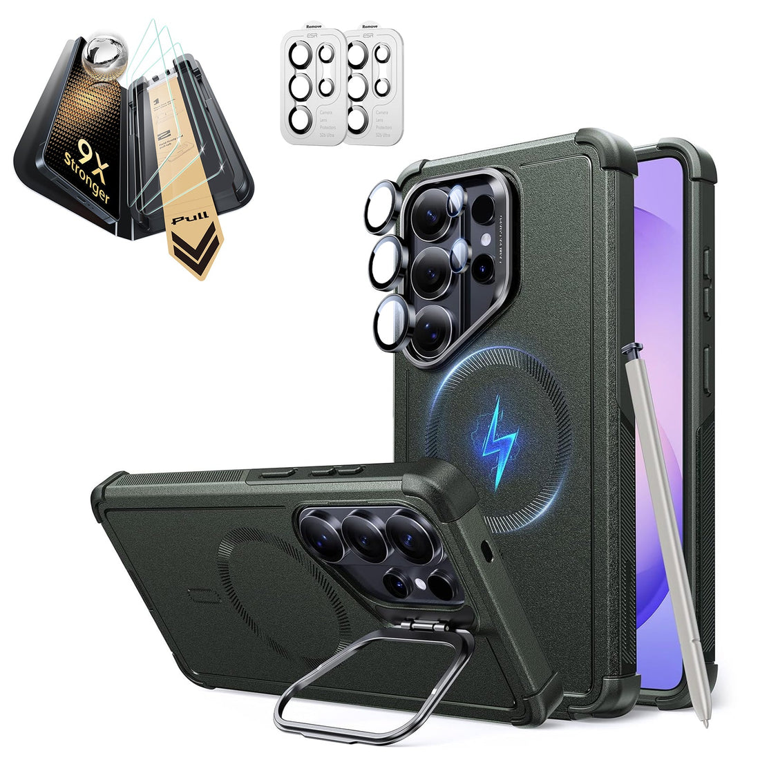 Galaxy S26 Ultra Cyber Tough Magsafe Case with Stand and Corning Glass Screen Protector Set Green