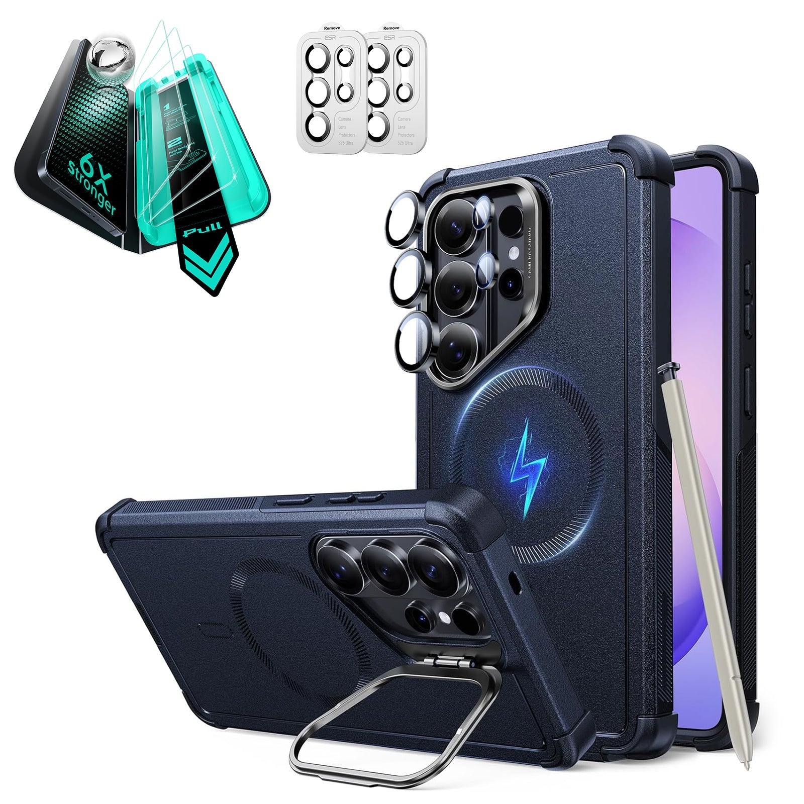 Navy Blue S26 Ultra Rugged Case with Stand & Armorite Protectors | ESR