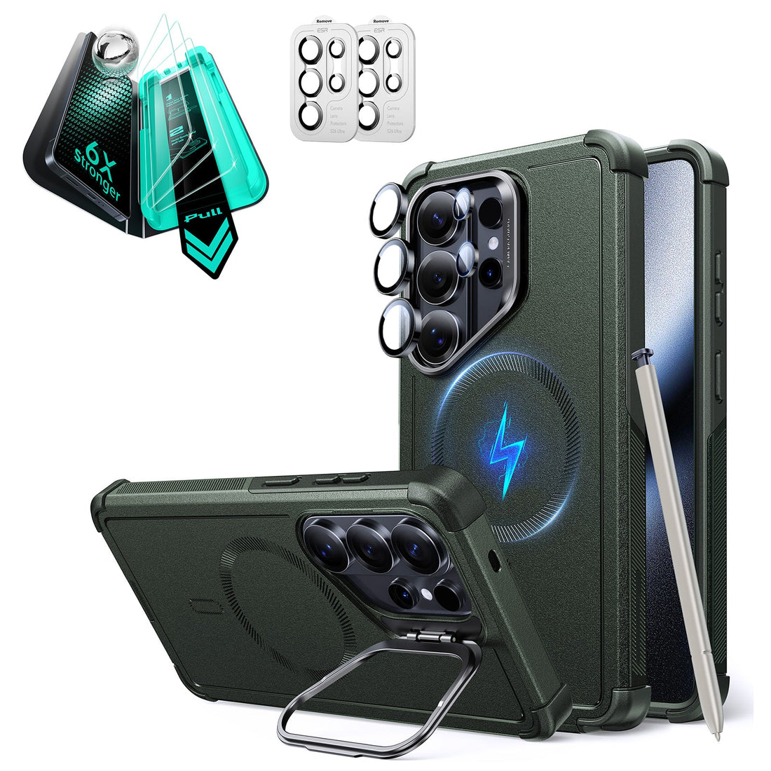 Galaxy S26 Ultra Cyber Tough Magsafe Case with Stand and Armorite Screen Protector Set Green