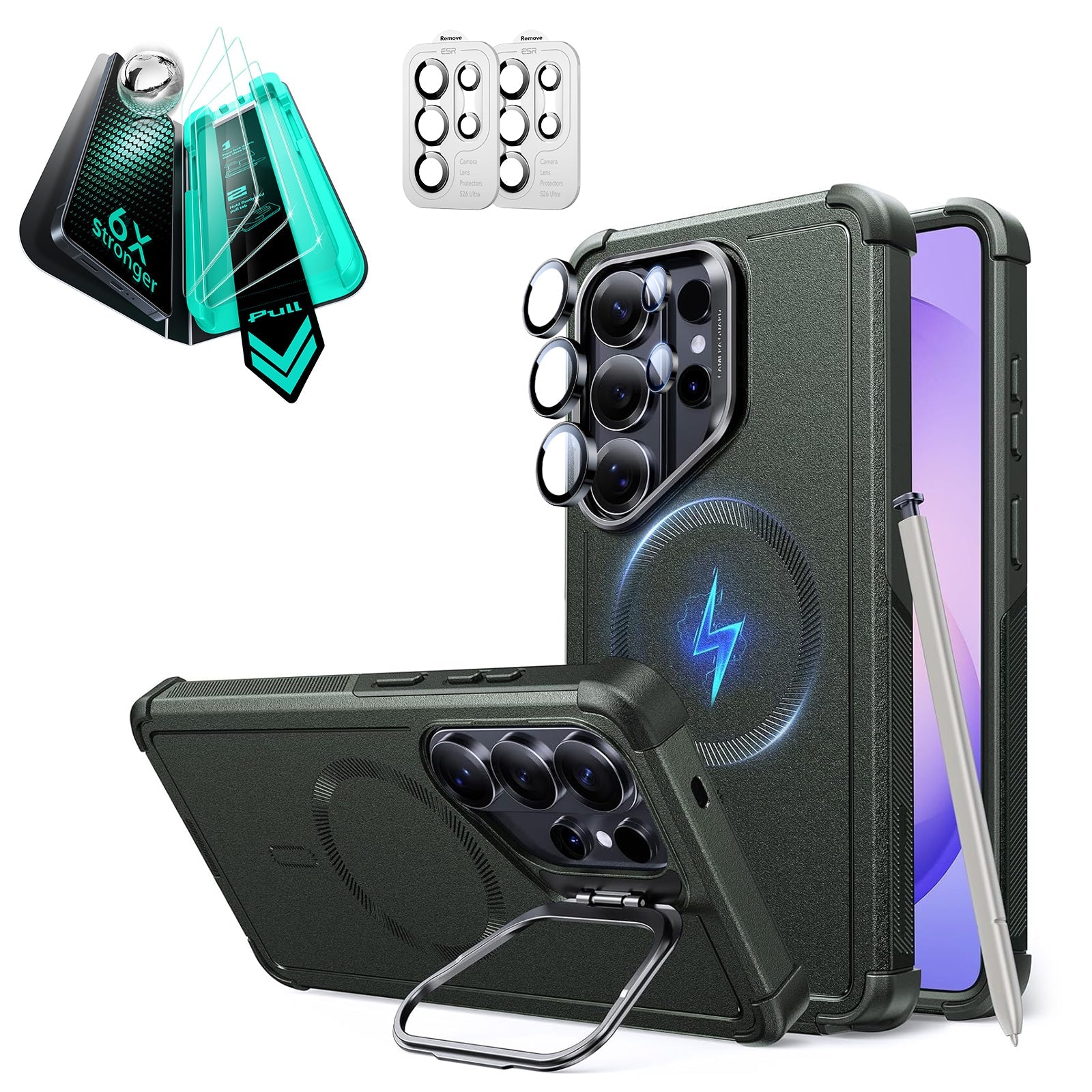 Galaxy S26 Ultra Cyber Tough Magsafe Case with Stand and Armorite Screen Protector Set Green
