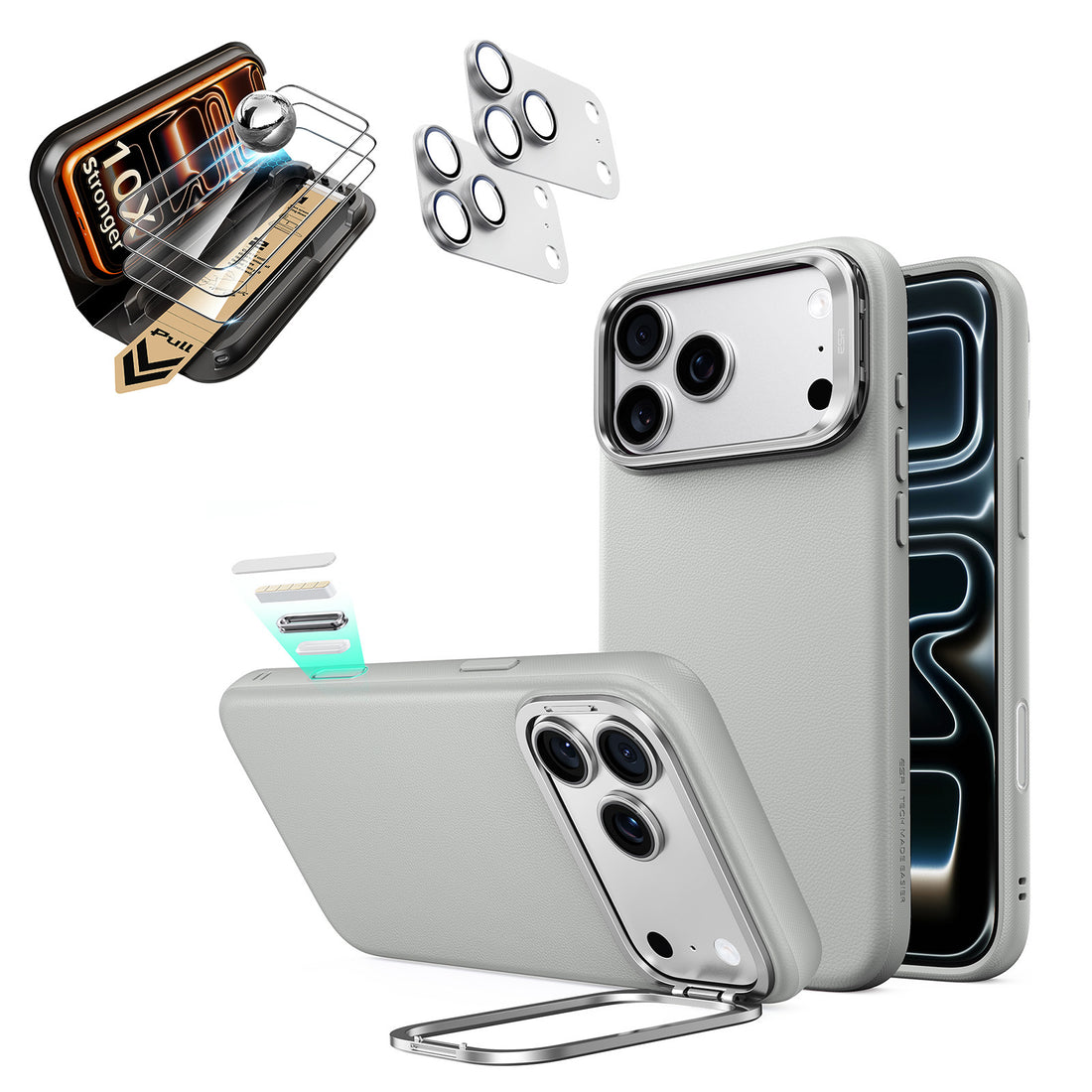 Gray iPhone 18 Pro Max Magsafe Phone Case with Stand pair tempered glass screen protector and camera lens protector