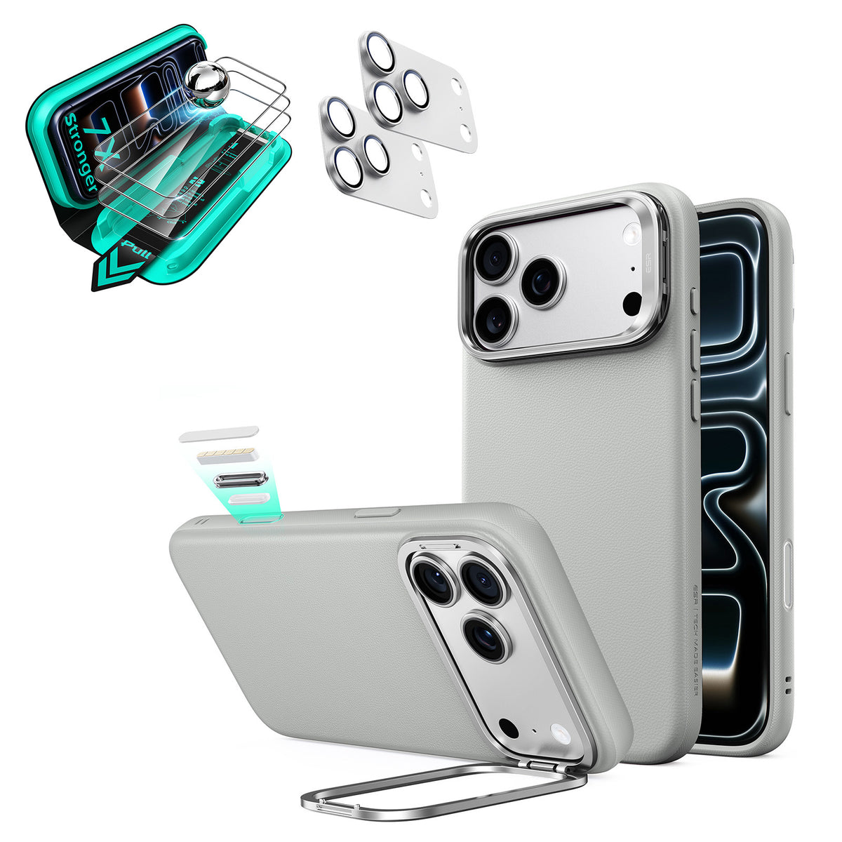 Gray Vegan Leather iPhone 18 Pro Max Magsafe Phone Case with Stand pair tempered glass screen protector and camera lens protector