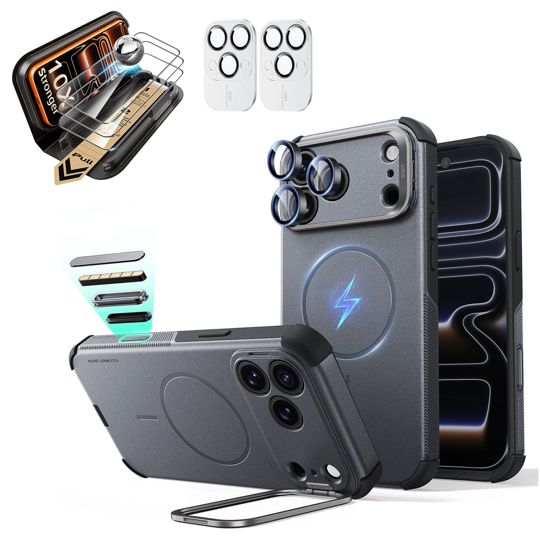 Gray iPhone 18 Pro Max Cyebr Tough Magsafe Phone Case with Stand pair corning glass  screen protector and camera lens protector