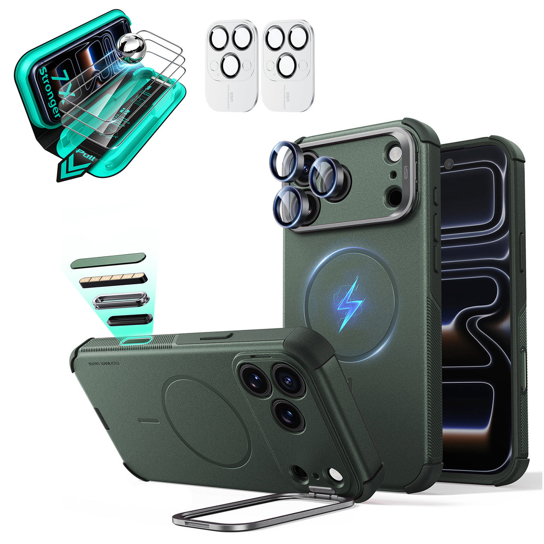 Green iPhone 18 Pro Cyebr Tough Magsafe Phone Case with Stand pair tempered glass screen protector and camera lens protector