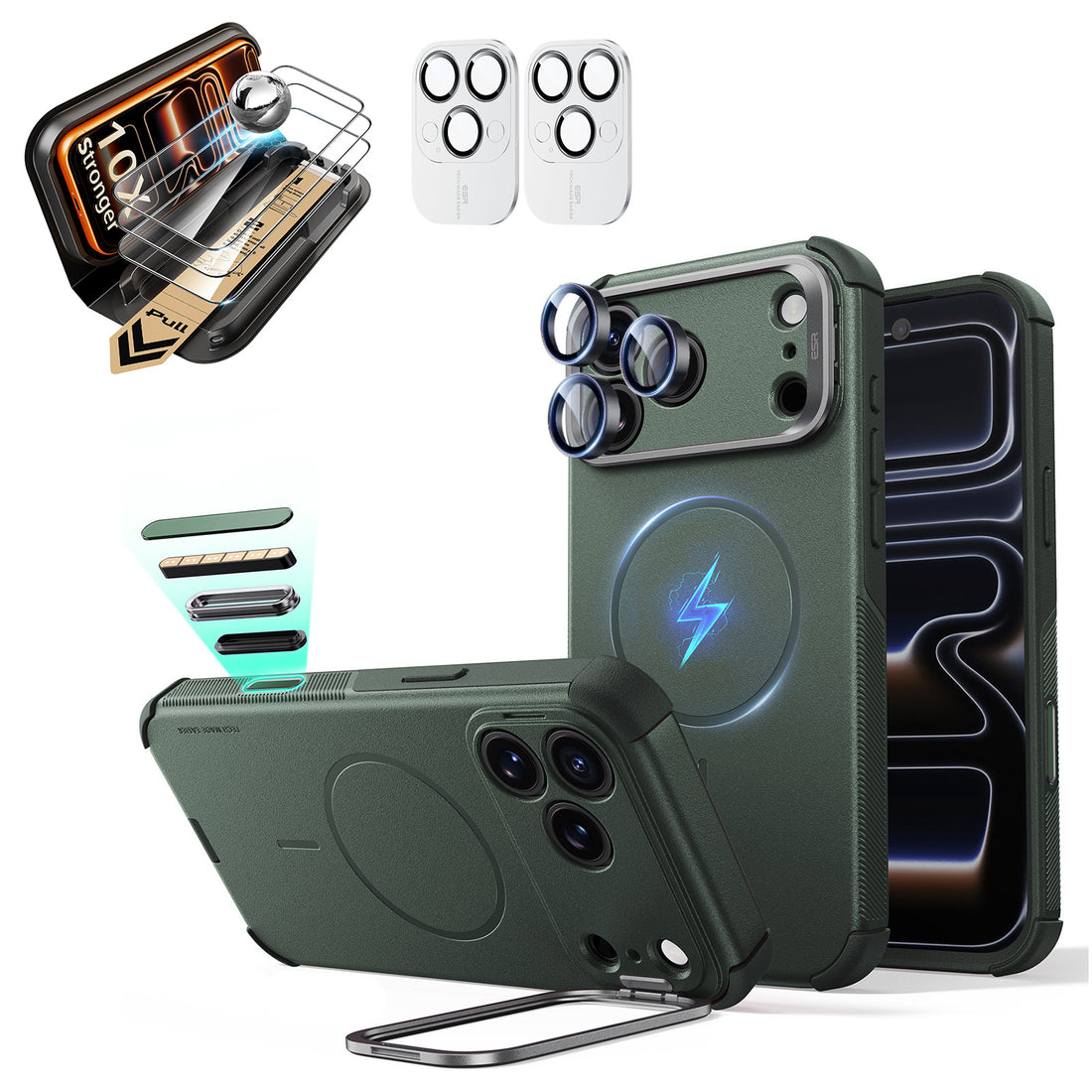 Green iPhone 18 Pro Max Cyebr Tough Magsafe Phone Case with Stand pair corning glass  screen protector and camera lens protector
