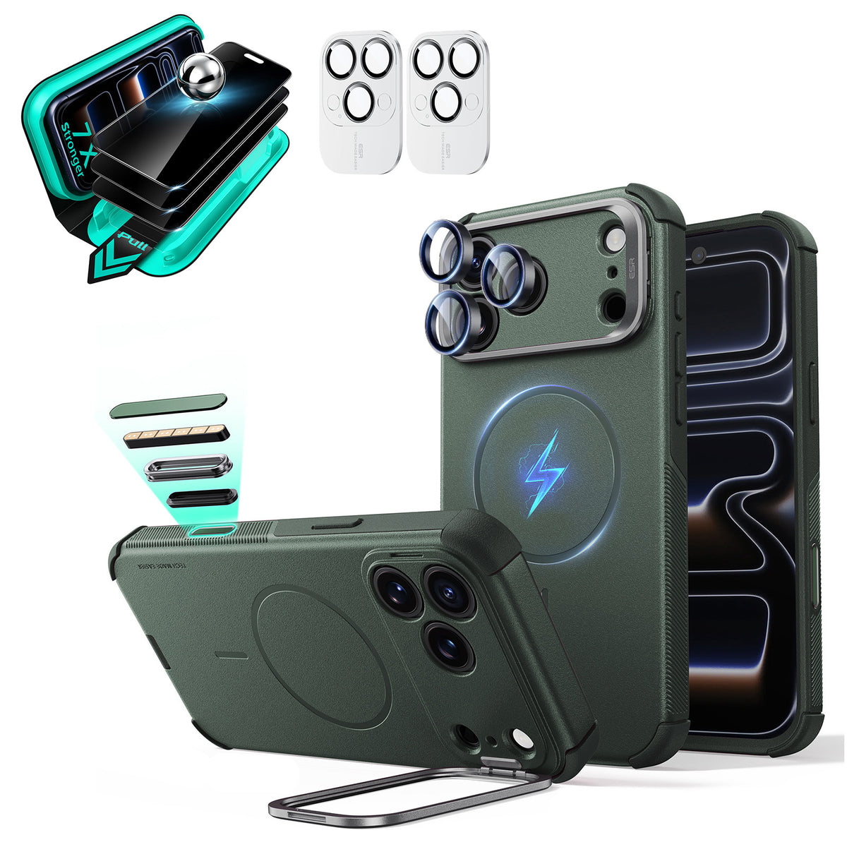 Green iPhone 18 Pro Max Cyebr Tough Magsafe Phone Case with Stand pair tempered glass privacy screen protector and camera lens protector