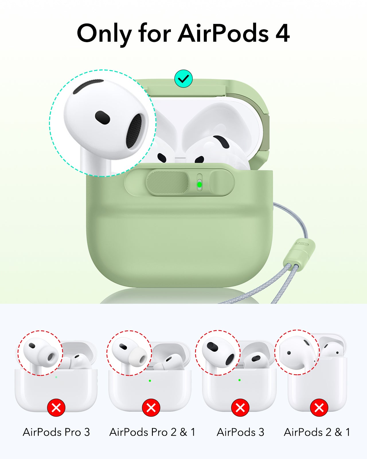 AirPods 4 charging case protected by ESR FlickLock case in light green