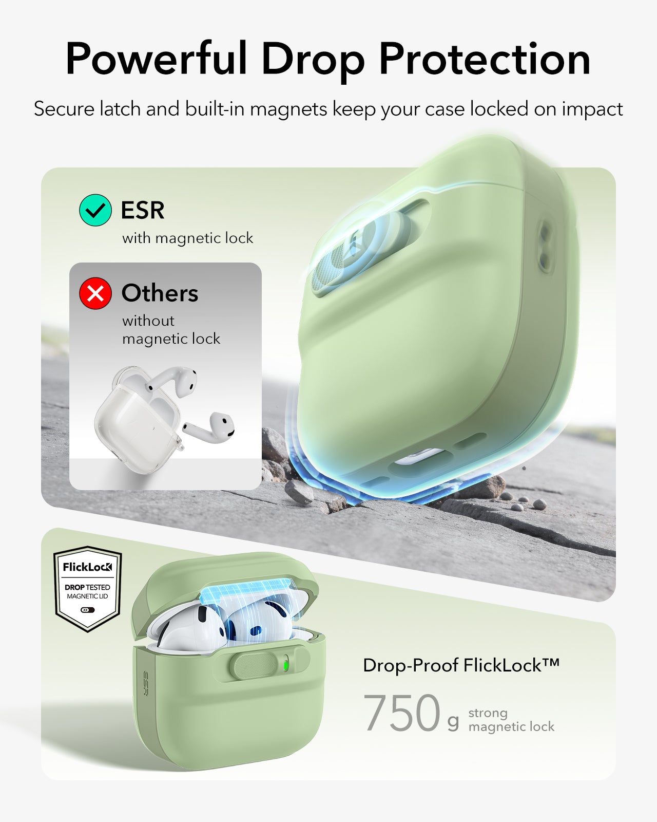 Light green AirPods 4 case with secure FlickLock latch