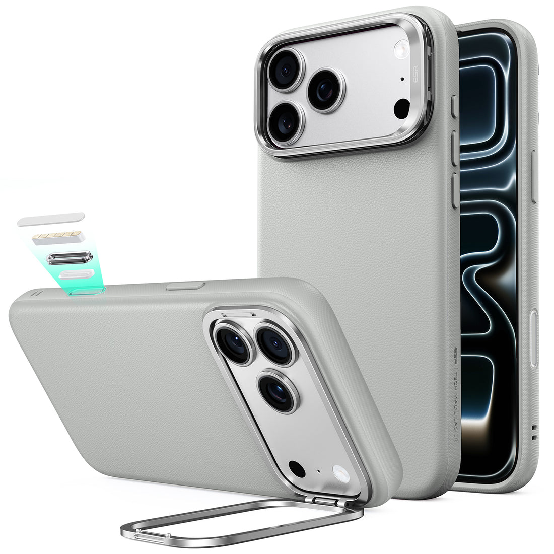 ESR Light Gray Leather iPhone 18 Pro Max Magsafe Case with Stand