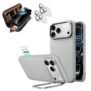 Ligth Gray Vegan Leather iPhone 18 Pro Max Magsafe Phone Case with Stand pair corning glass privacy screen protector and camera lens protector