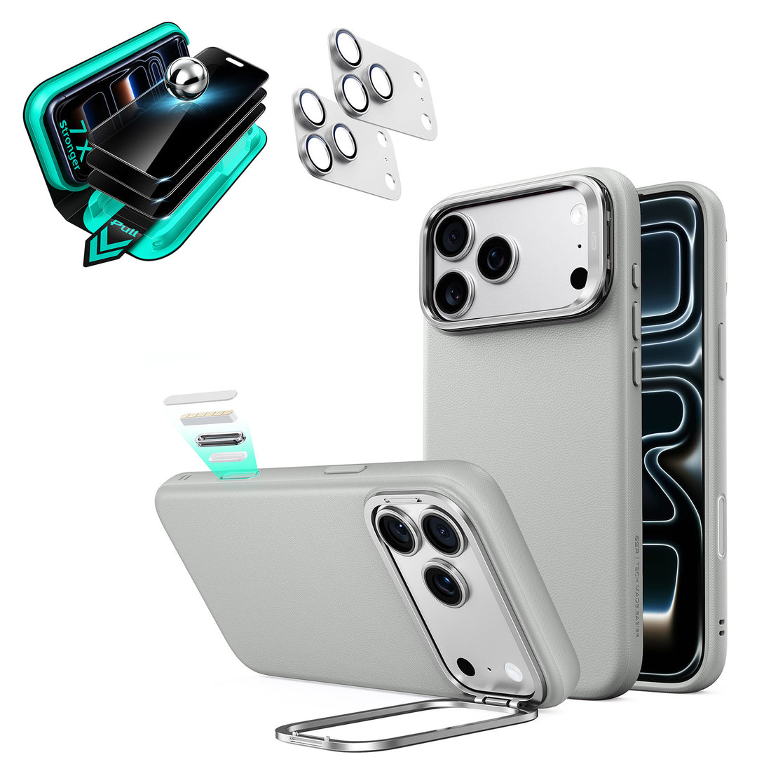 Gray Vegan Leather iPhone 18 Pro Max Magsafe Phone Case with Stand pair tempered glass privacy screen protector and camera lens protector