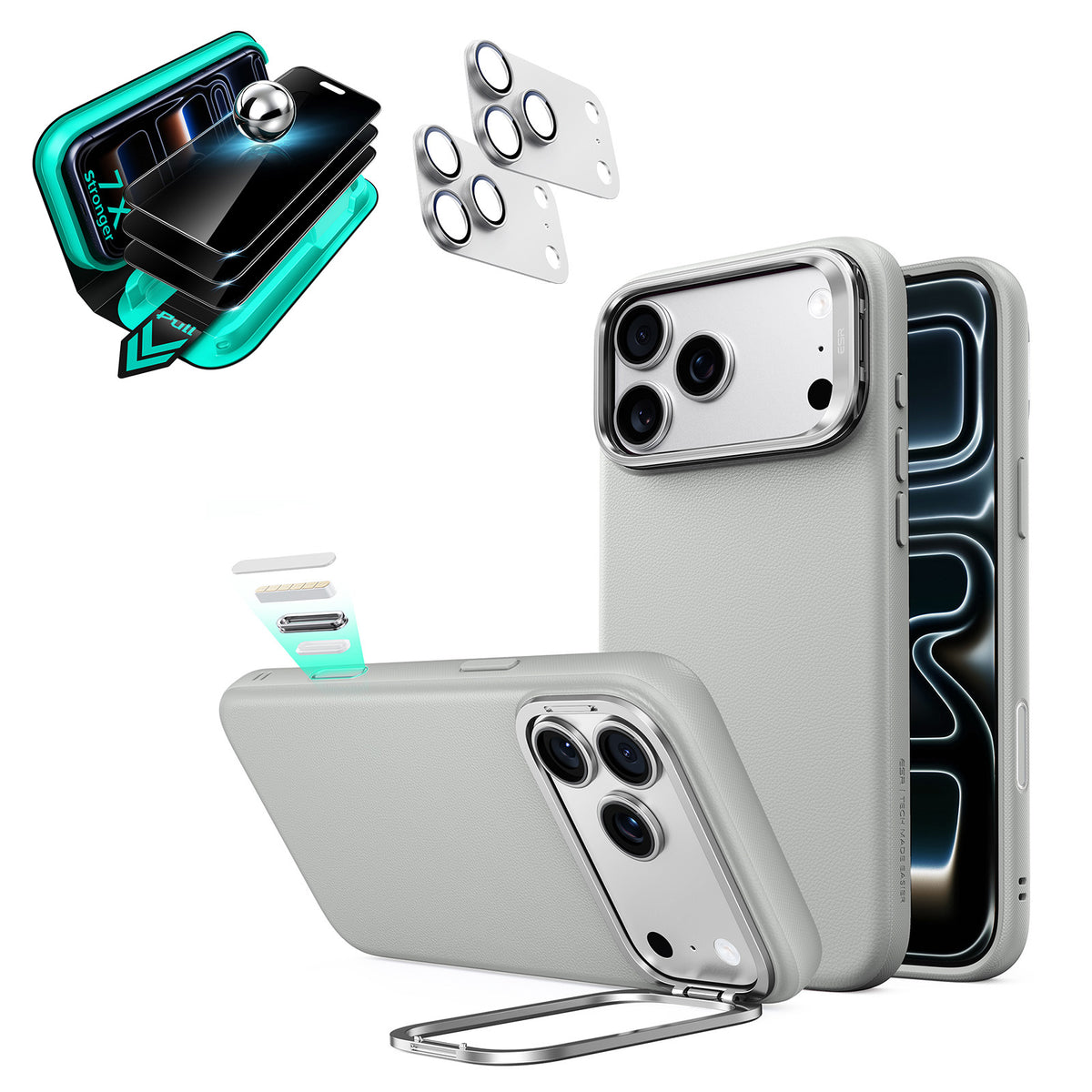 Gray Vegan Leather iPhone 18 Pro Max Magsafe Phone Case with Stand pair tempered glass privacy screen protector and camera lens protector