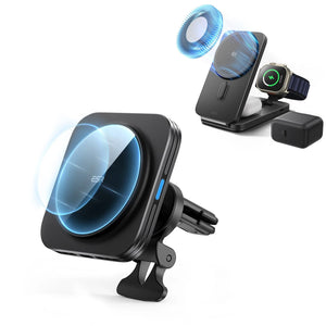 Magnetic Wireless Car Charger and 25W CryoBoost Foldable 3-in-1 Charger Bundle - US Plug–Black