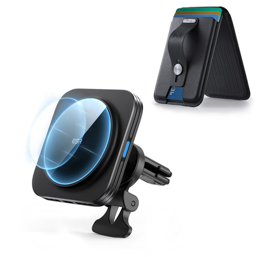 Magnetic Wireless Car Charger and Geo Wallet Stand Bundle-Black