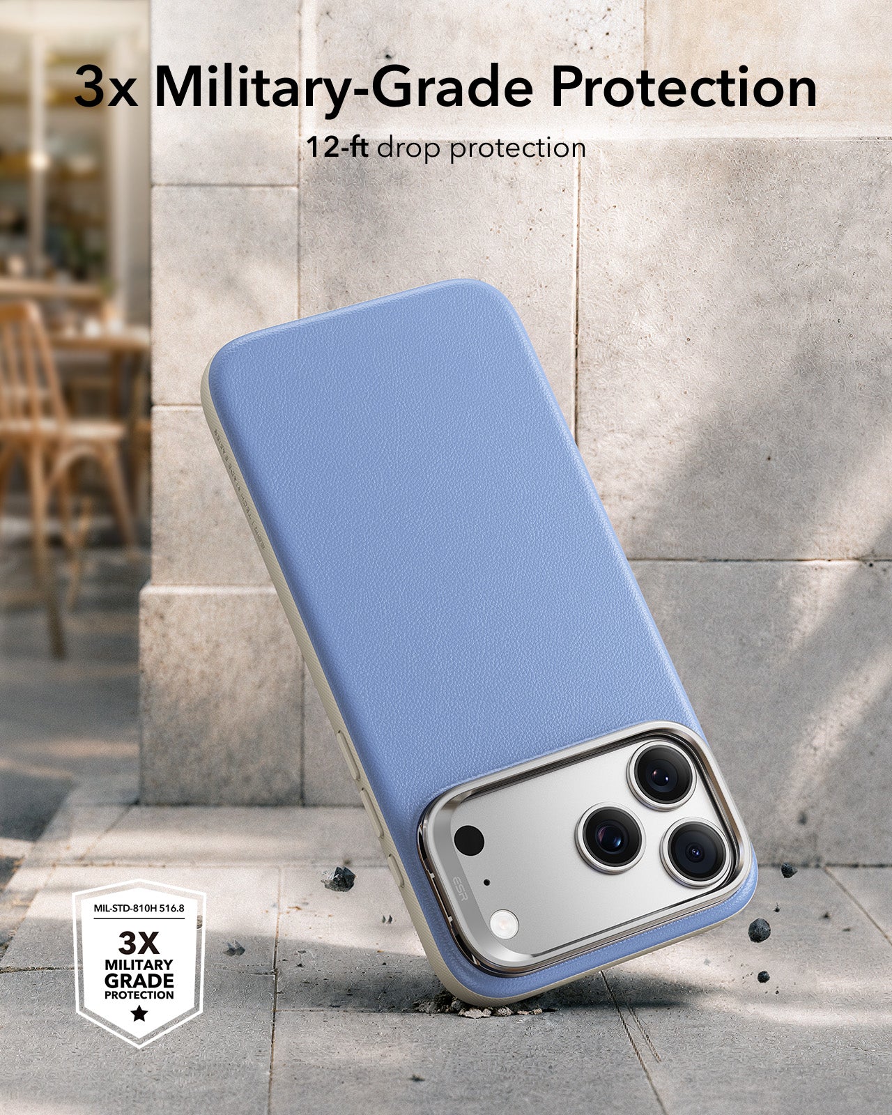 ESR Misty Blue Leather iPhone 18 Pro Magsafe Case with Stand 3x Military-Grade Protection