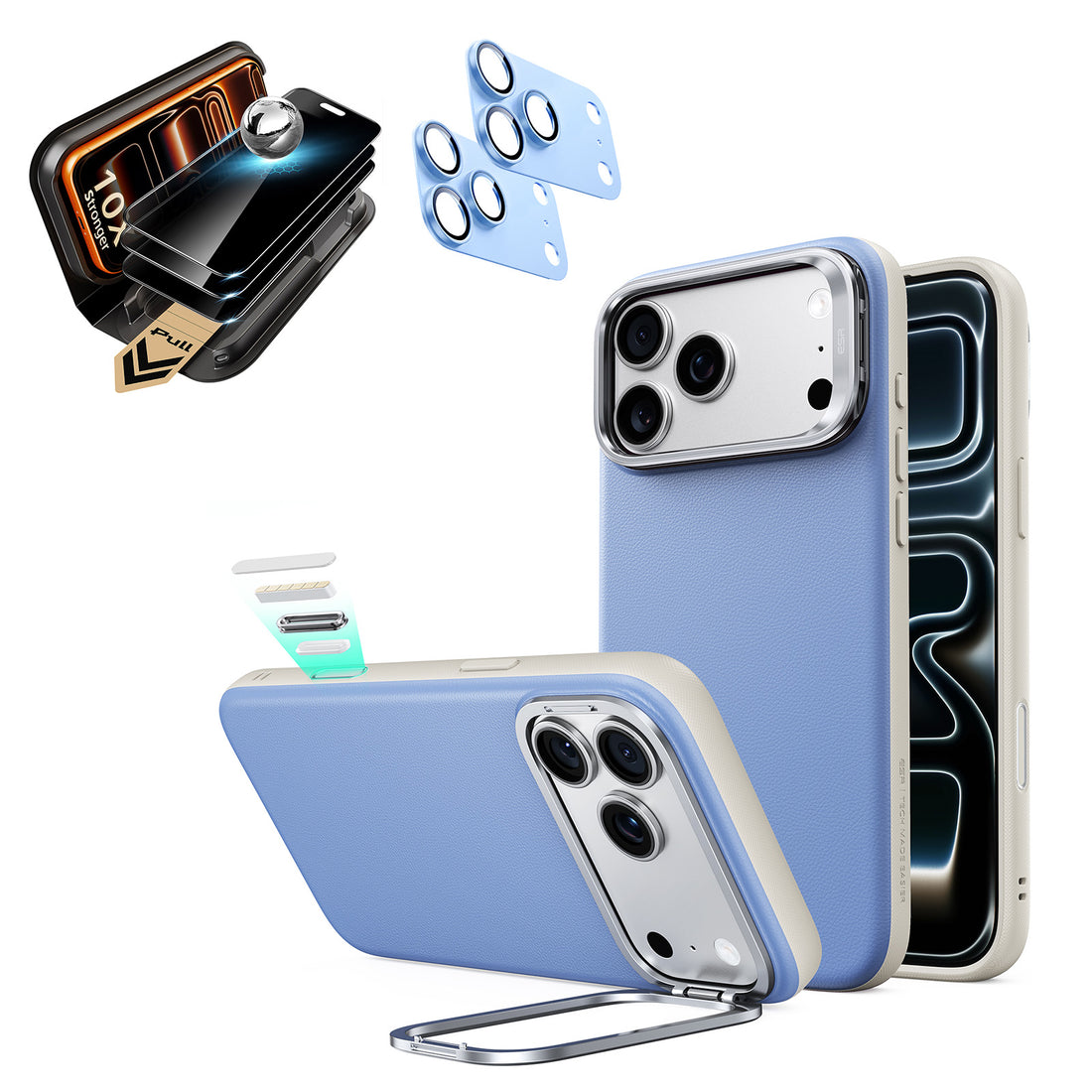 Misty Blue Vegan Leather iPhone 18 Pro Magsafe Phone Case with Stand pair corning glass privacy screen protector and camera lens protector