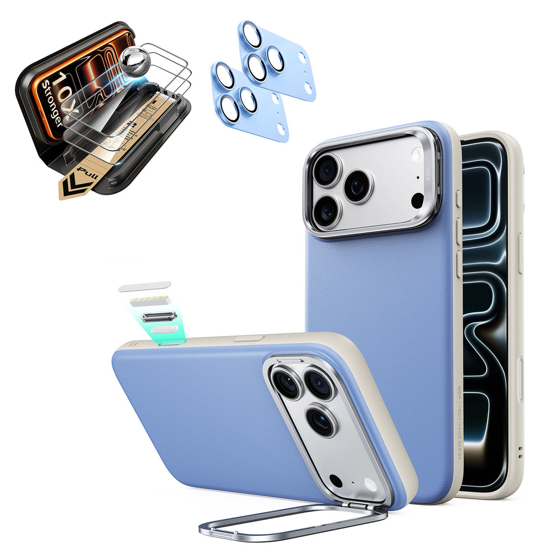 Blue iPhone 18 Pro Max Magsafe Phone Case with Stand pair tempered glass screen protector and camera lens protector