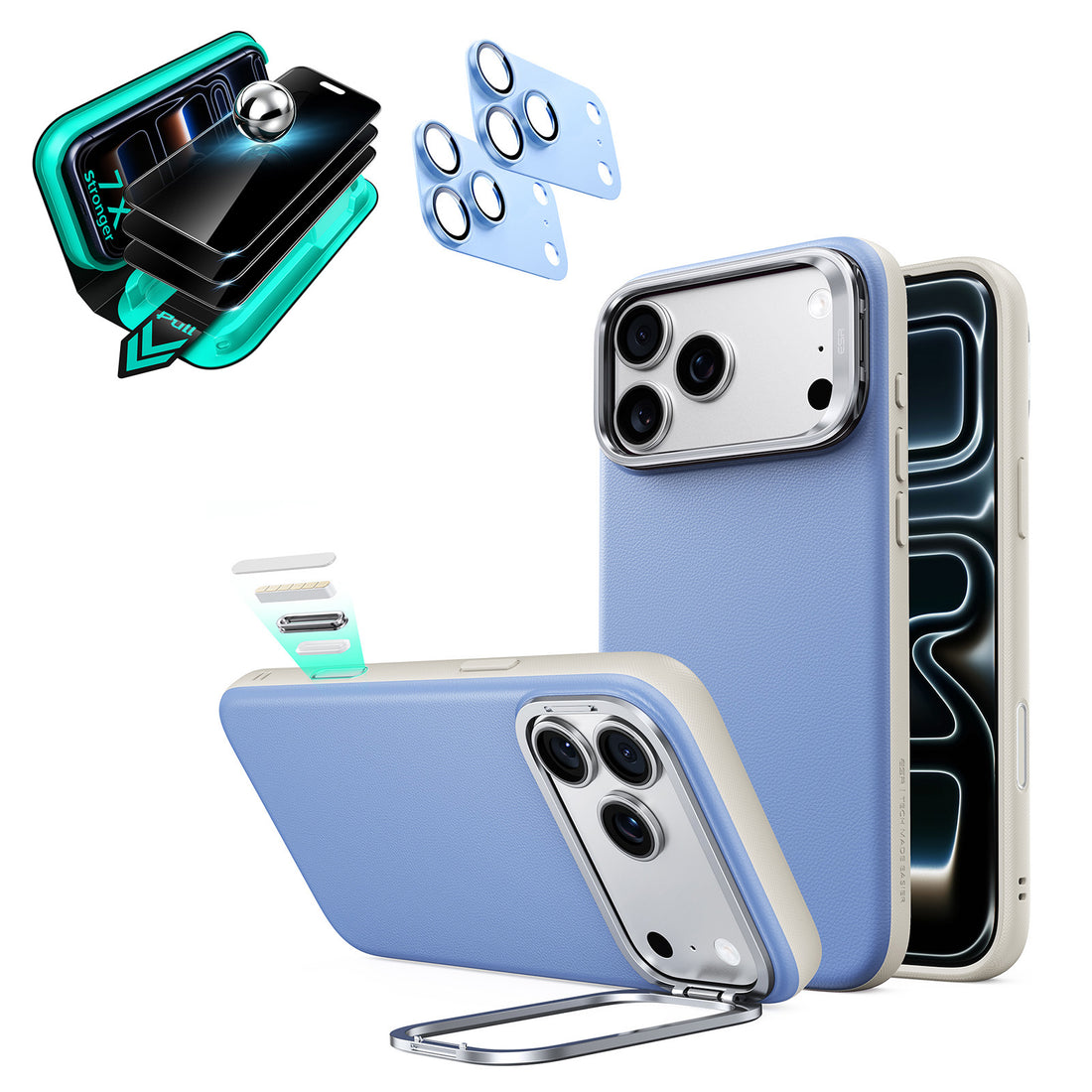 Blue Vegan Leather iPhone 18 Pro Magsafe Phone Case with Stand pair tempered glass privacy screen protector and camera lens protector
