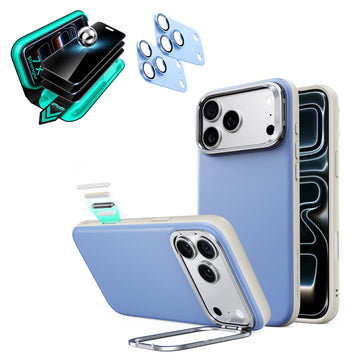 Blue Vegan Leather iPhone 18 Pro Magsafe Phone Case with Stand pair tempered glass privacy screen protector and camera lens protector