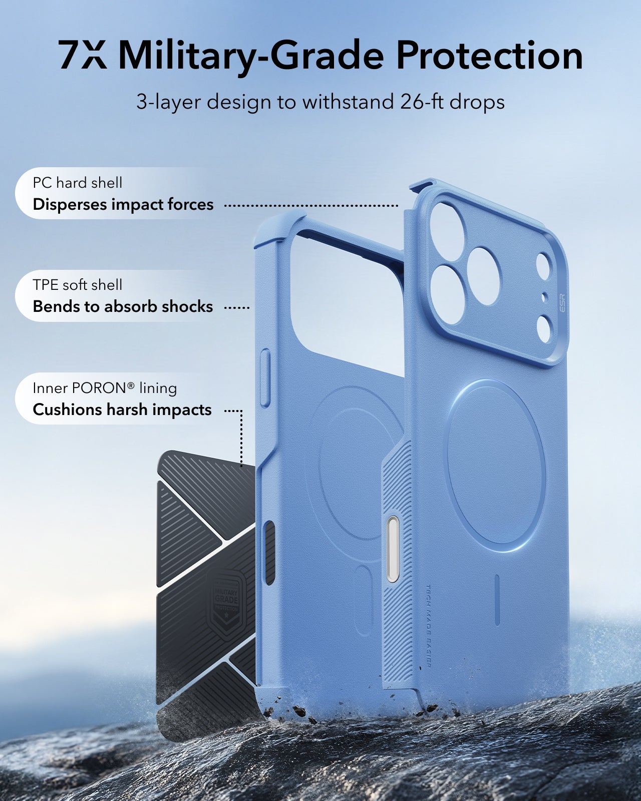 ESR Misty Blue iPhone 18 Pro Case Tough Phone Case with Magsafe 7X Military-Grade Protection