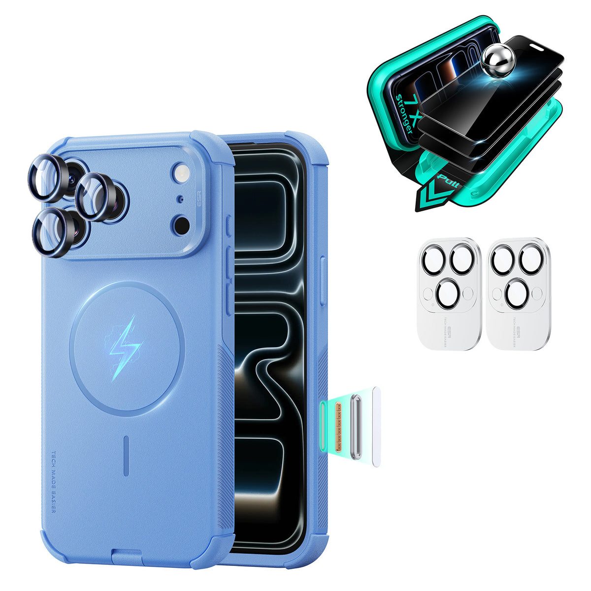 Misty Blue iPhone 18 Pro Cyber Tough Magsafe Case  with armorite tempered glass privacy screen protector and camera lens protector