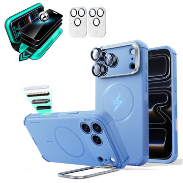 Blue iPhone 18 Pro Cyebr Tough Magsafe Phone Case with Stand pair tempered glass privacy screen protector and camera lens protector
