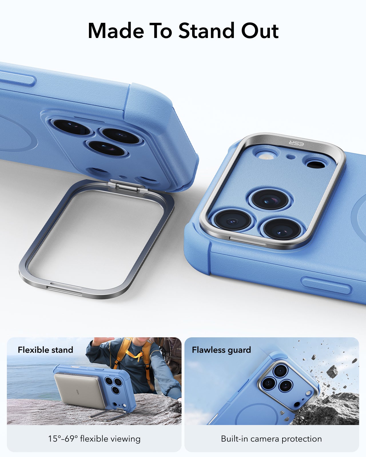 ESR Misty Blue iPhone 18 Pro Max Tough Phone Case Magsafe with Stand Made To Stand Out