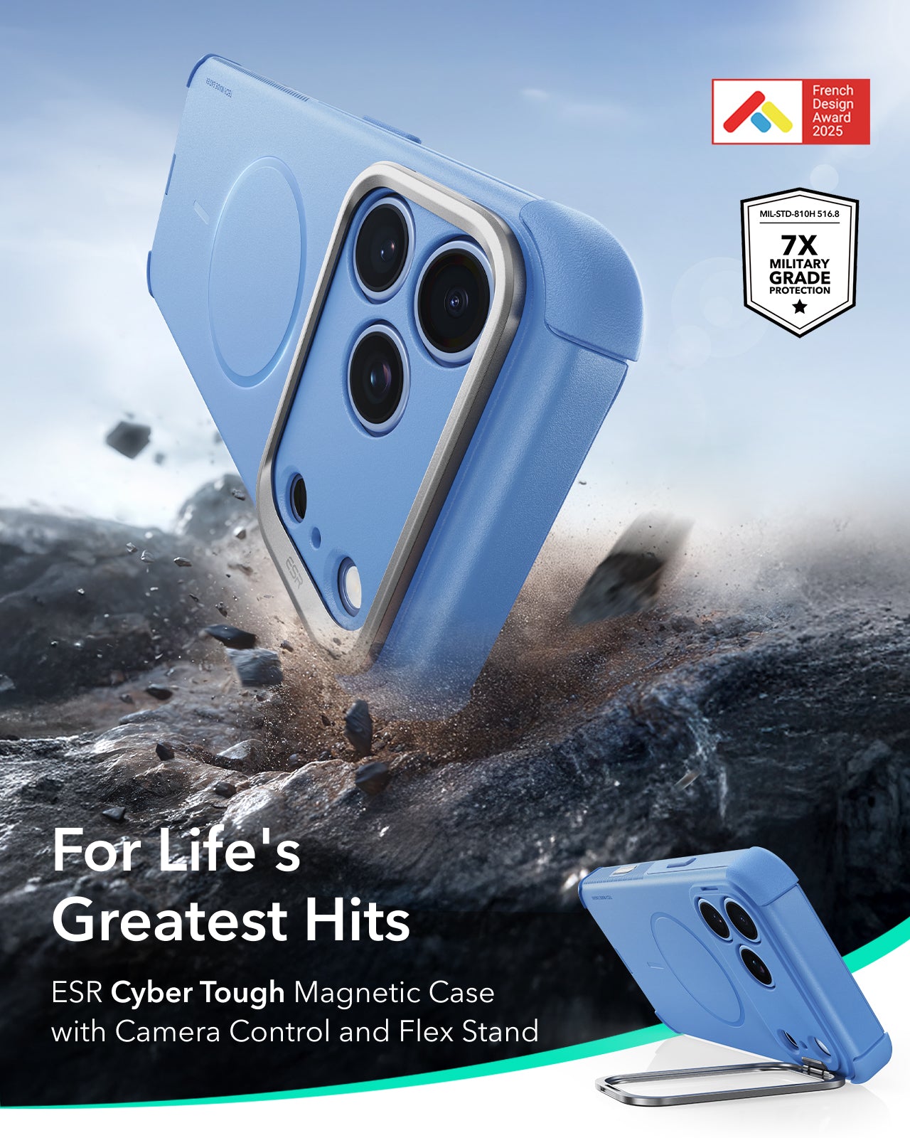 ESR Misty Blue iPhone 18 Pro Tough Phone Case Magsafe with Stand For Life's Greatest Hits