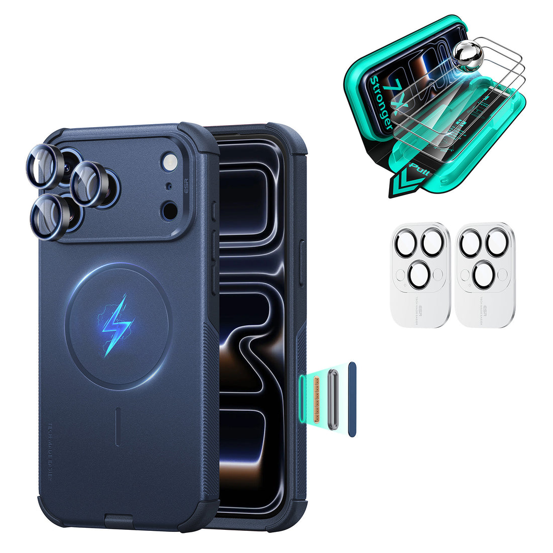 Navy blue iPhone 18 Pro Cyber Tough Magsafe Case  with armorite tempered glass screen protector and camera lens protector