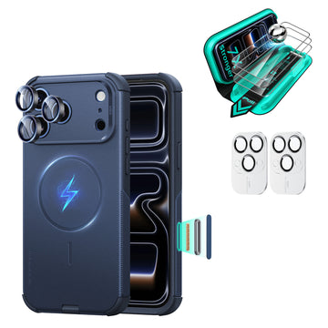 Navy Blue iPhone 18 Pro Cyber Tough Magsafe Case  with armorite tempered glass screen protector and camera lens protector