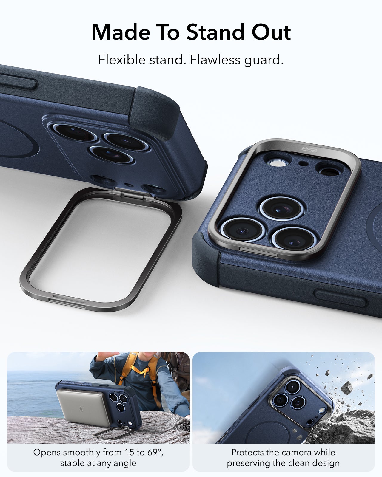 ESR Navy Blue iPhone 18 Pro Tough Phone Case Magsafe with Stand Made To Stand Out