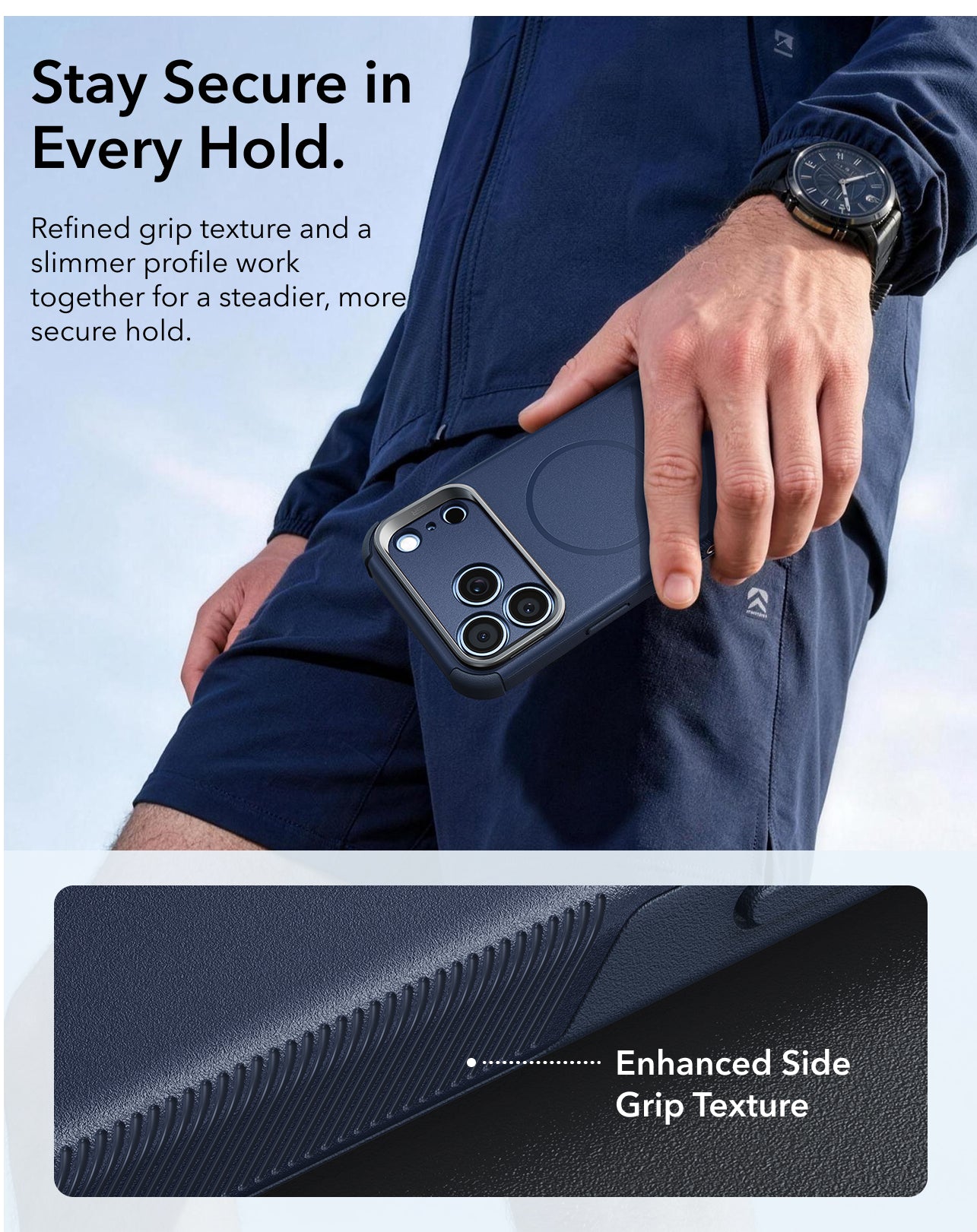 ESR Navy Blue iPhone 18 Pro Tough Phone Case Magsafe with Stand Stay Secure in Every Hold.