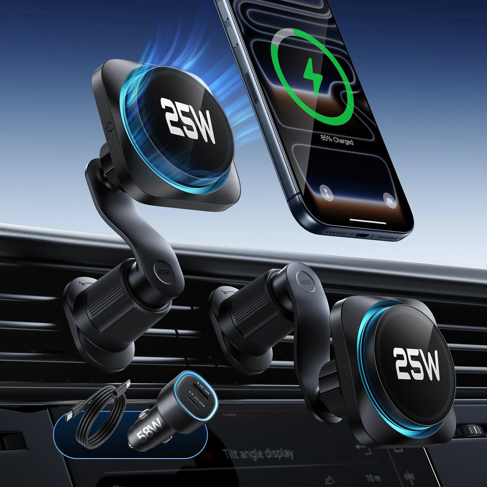 OmniLock Magnetic Car Charger (25W, CryoBoost, Air Vent) - Black ESR ESR