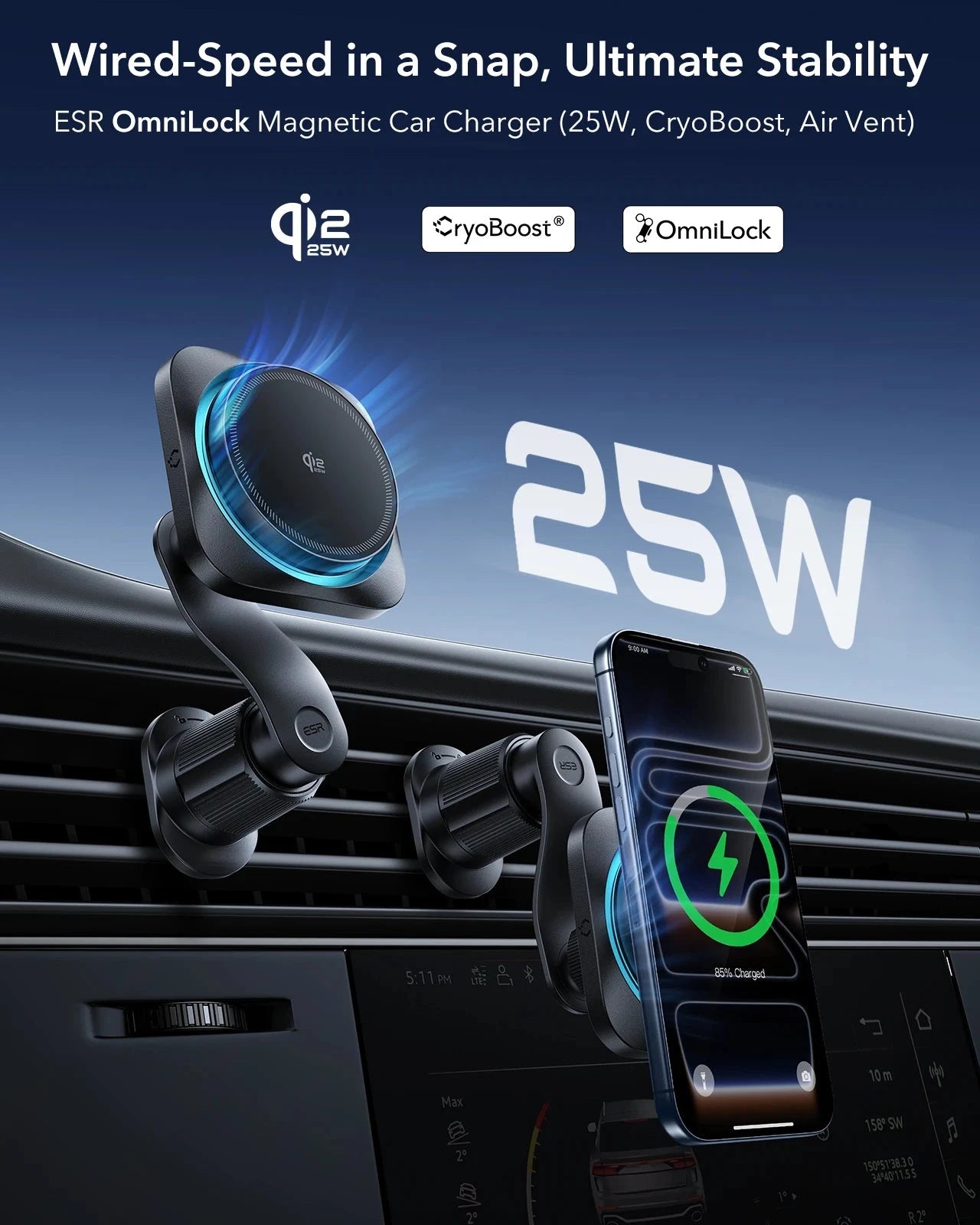 OmniLock Magnetic Car Charger (25W, CryoBoost, Air Vent) - Black ESR ESR