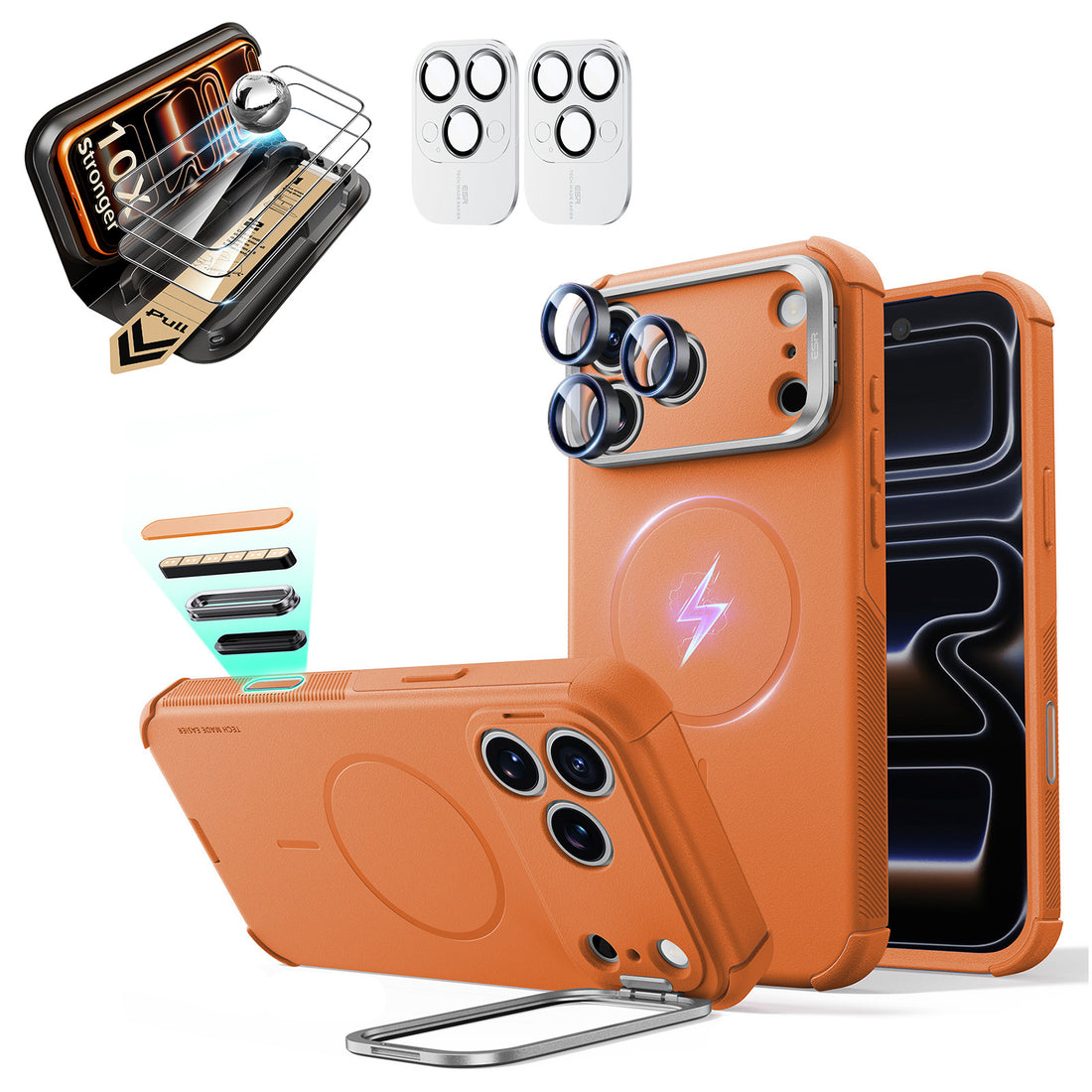 Orange iPhone 18 Pro Cyebr Tough Magsafe Phone Case with Stand pair corning glass  screen protector and camera lens protector