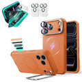 Orange iPhone 18 Pro Cyebr Tough Magsafe Phone Case with Stand pair tempered glass screen protector and camera lens protector