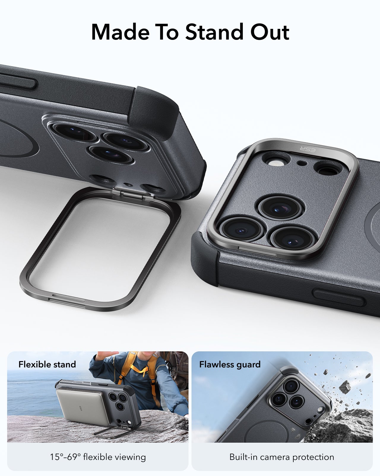 ESR Space Gray iPhone 18 Pro Tough Phone Case Magsafe with Stand 
Made To Stand Out