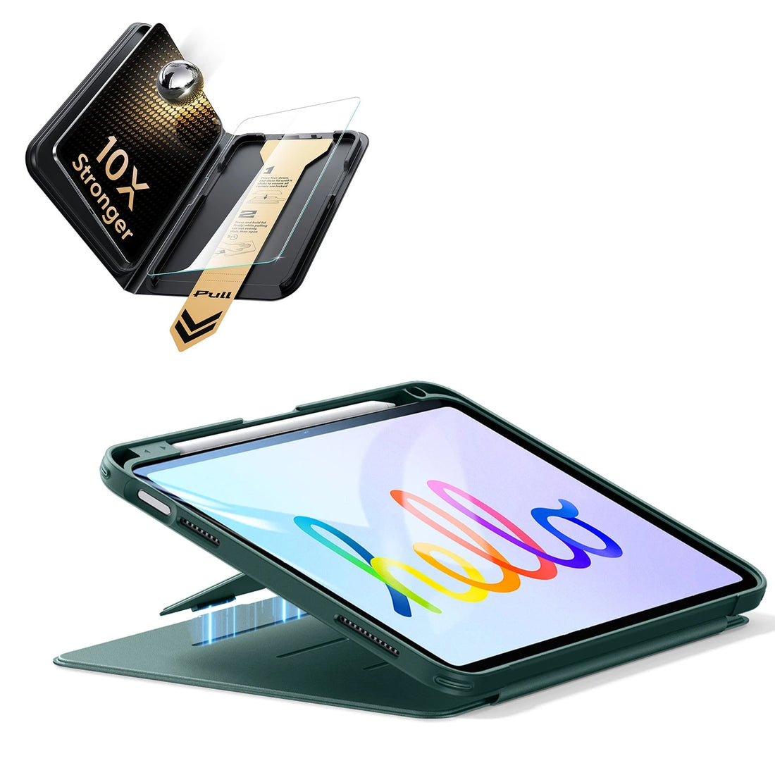 
iPad 11" (A16) 2025 Bundle Flip Magnetic Case (Pencil Holder) & Armorite® Pro Screen Protector With UltraFit Tray - Green
