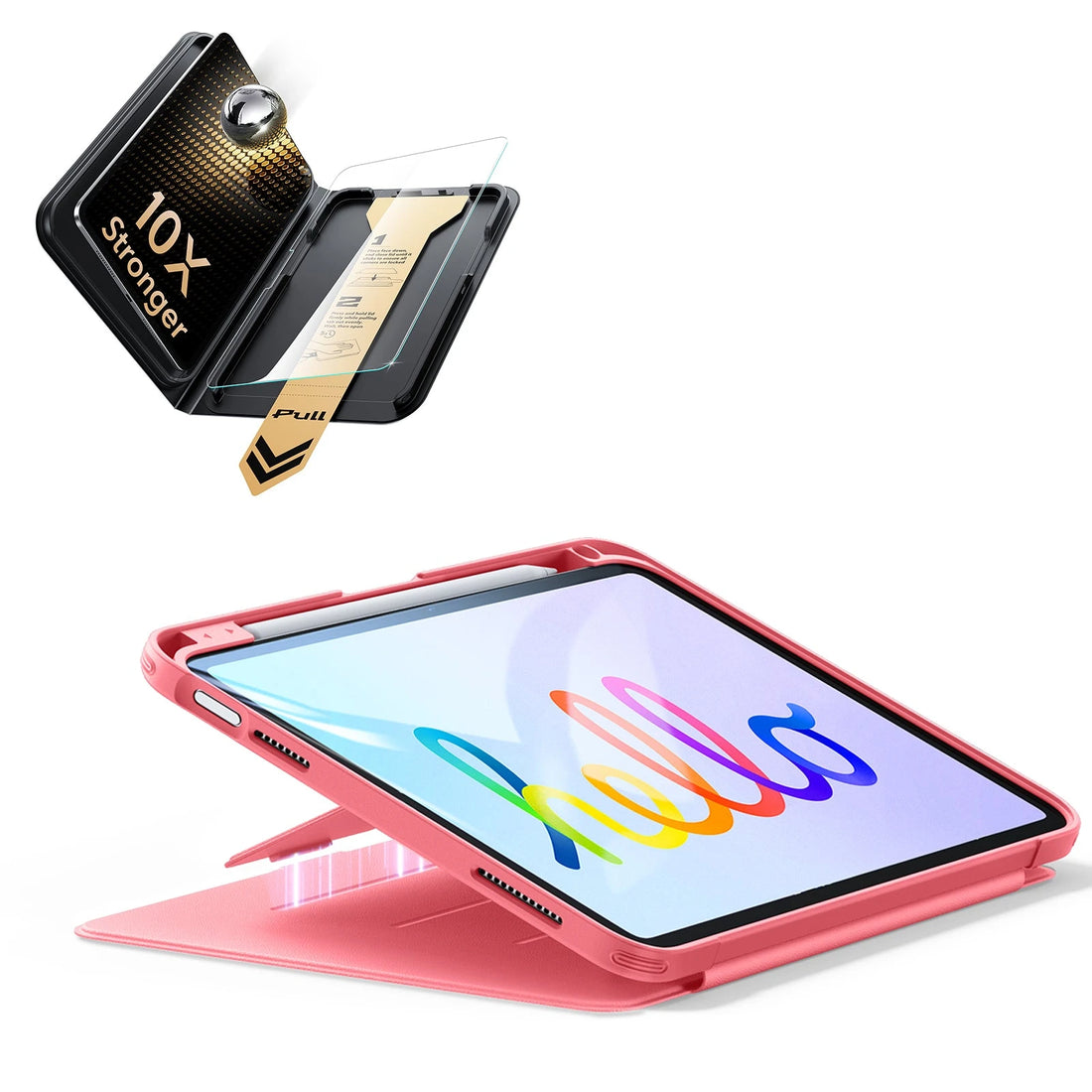 iPad 11" (A16) 2025 Bundle Flip Magnetic Case (Pencil Holder) & Armorite® Pro Screen Protector With UltraFit Tray - Watermelon Red
