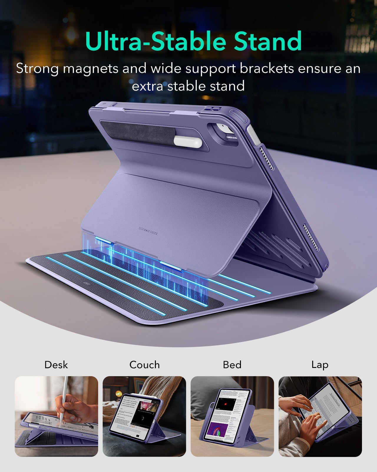 ESR iPad ケース 縦向き/横向きスタンド Shiftシリーズ パープル Purple Magnetic iPad A16 Stand Case & 7X 9H Screen Protection