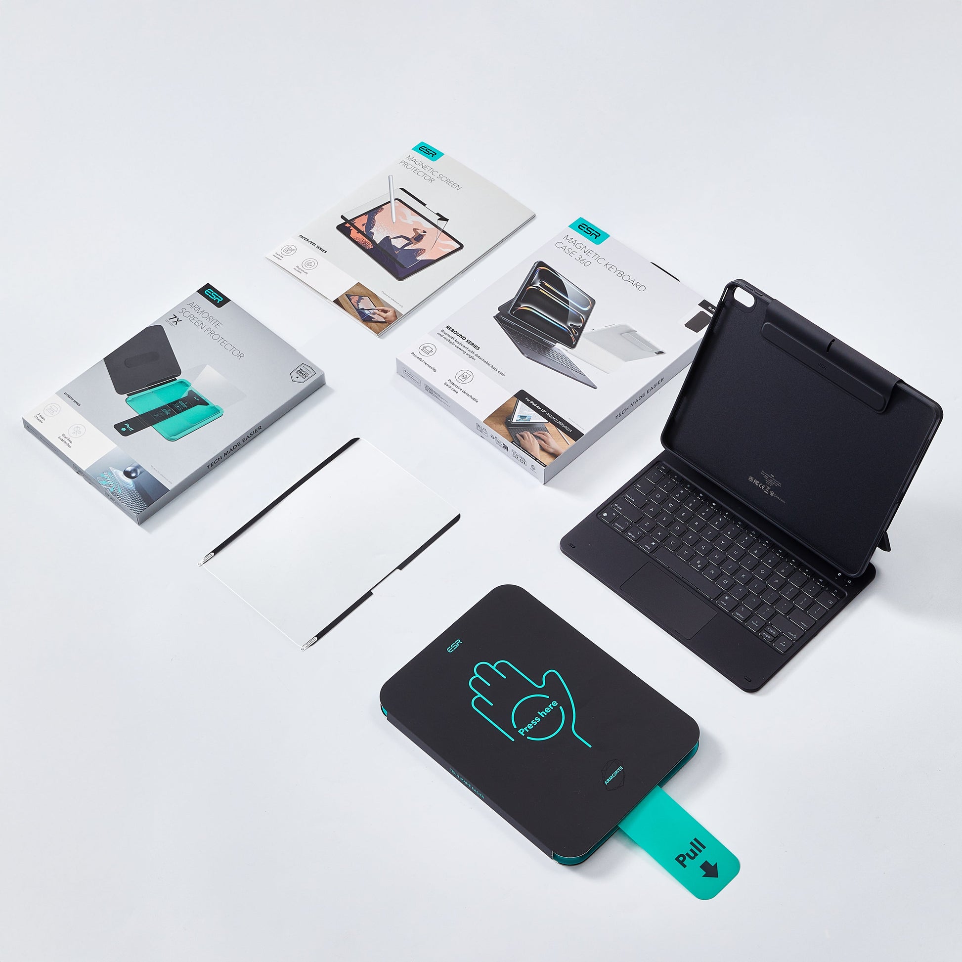 In the Box: 1 keyboard case, 2 Armorite screen protectors,1 paper-feel magnetic screen protector