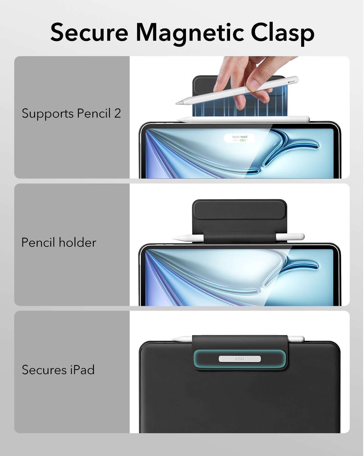 iPad Air 13-inch (M4) 2026 Keyboard Case with Pencil Holder-secure magnetic clasp