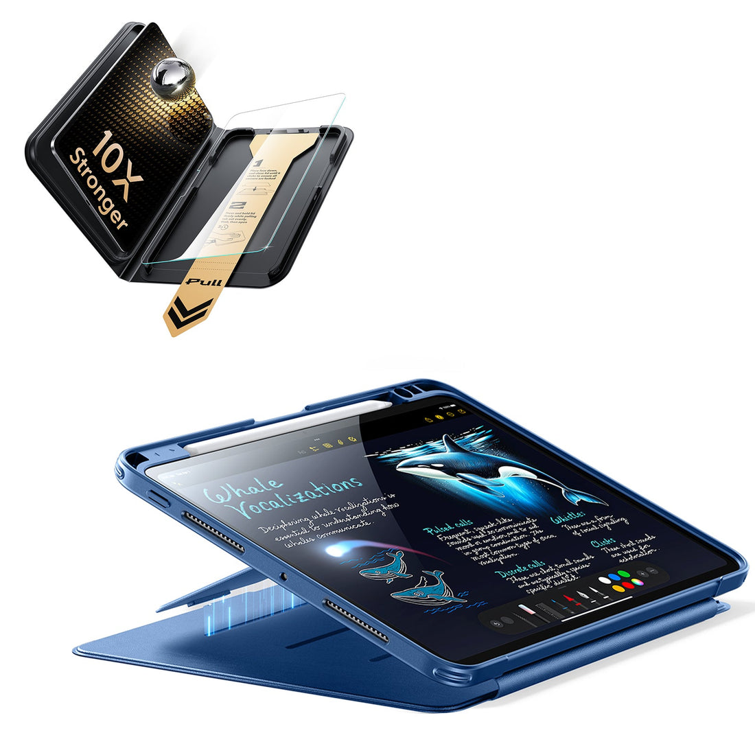 iPad Pro 11" (M5) 2025 Bundle Flip Magnetic Case (Pencil Holder) & Armorite Pro Screen Protector With UltraFit Tray - Navy Blue