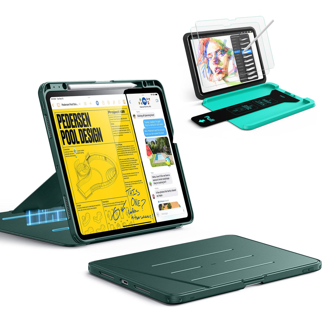 iPad Pro 13" (2025) Bundle Flip Magnetic Case with Pencil Holder & Armorite® Paper-Feel Protection - Green ESR ESR